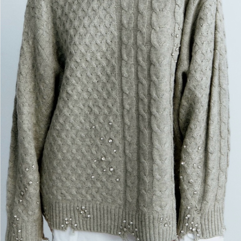 Zara Women's Taupe Cable Knit distressed embellished sweater - Picture 2 of 2